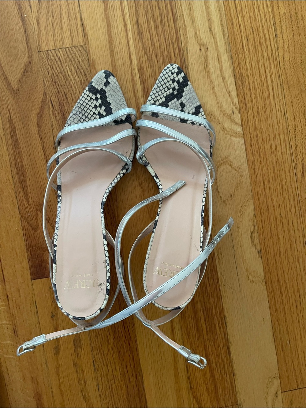 J. Crew Silver Strappy Pointed-Toe Sandals with Snake-Print Toe